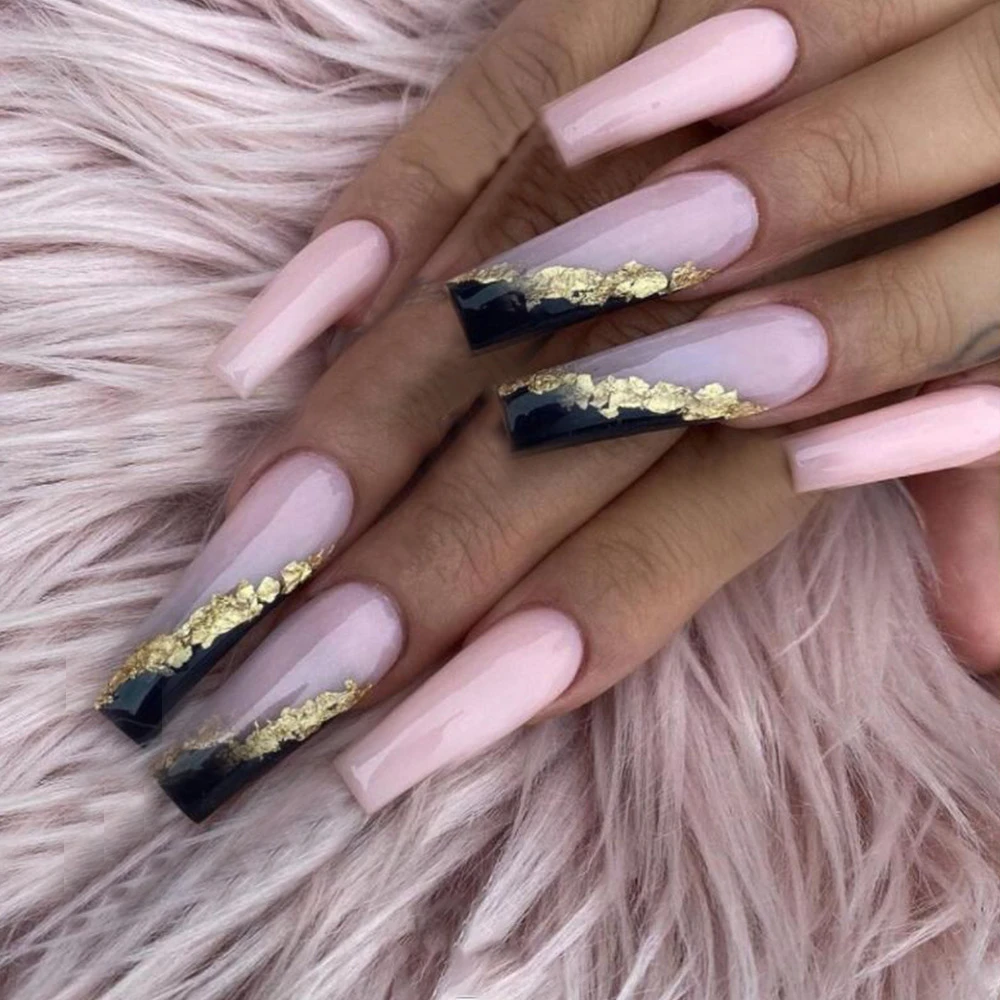 24pcs Extra Long Pink Fake Nails With Gold Foil Designs French Ballerina  False Nails Full Cover Nail Art Tips Press On Nails - False Nails -  AliExpress