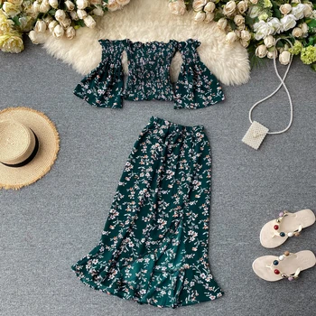 

New Women Beach 2 Piece Set Summer Floral Print Short Blouses Crop Tops +long Skrits Ruffle Outfit Woman Sexy Boho Clothes Suit