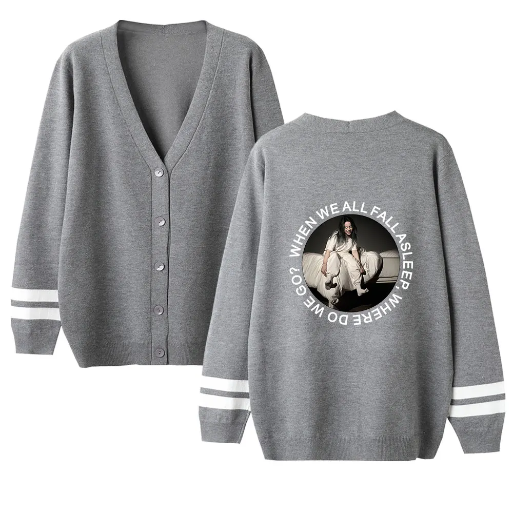 2019 Autumn Newest Men/Women Unisex Stylish Button Down Cardigan Classic Knit V-Neck Casual Sweater Gray Billie Eilish Printing
