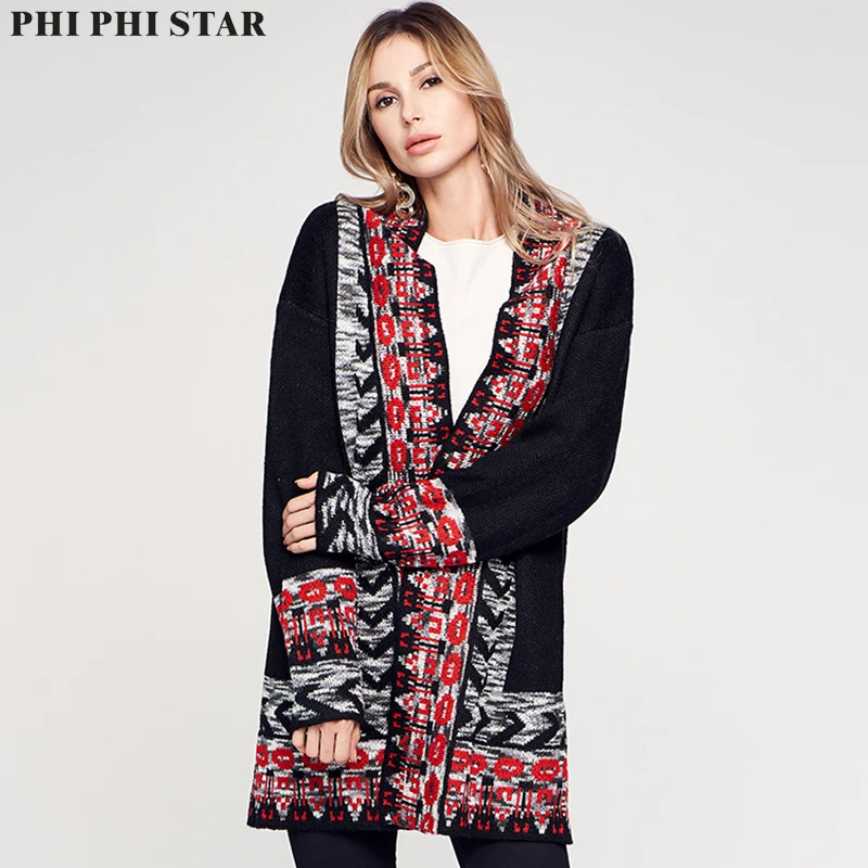 

Phi Phi Star Brand European Women Jacquard Straight Cardigan Knitted Sweater Coat autumn and winter Loose free Size Coat