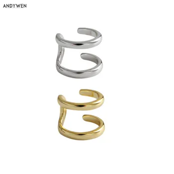 

ANDYWEN 925 Sterling Silver Two Circle EarCuff Cuffs Earring Round Rock Punk Non Piercing Clips Fine Women Ear Cuff Jewelry