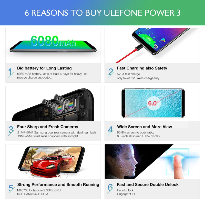 Ulefone Power 3 смартфон с 5 дюймовым дисплеем восьмиядерным процессором MT6763 ОЗУ 6 ГБ ПЗУ