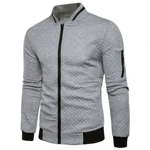 Light Gray Мужские куртки модные стеганые одноцветные стоячий воротник с длинным рукавом застежка-молния куртка пальто - Цвет: Light Gray