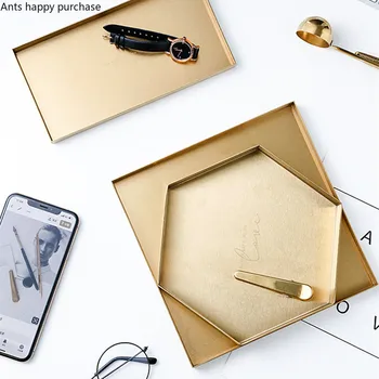

Nordic Golden Stainless Steel Tray Rectangular Plate Home Hexagon Storage Finishing Tray Metal Tea Set Debris Storage Plate