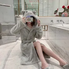 Зимние коралловые бархатные женские халаты с капюшоном, женские Мультяшные тонкие пижамы, теплые мягкие ночные платья средней длины, женская ночная рубашка серого цвета