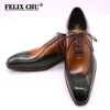 Oxfords à ailes pour hommes, chaussures classiques faites à la main, en cuir de veau véritable, vert et Camel, chaussures classiques pour mariage et affaires ► Photo 1/6