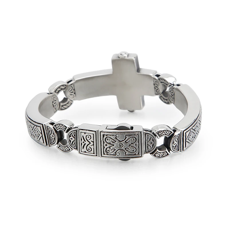 Fongten Cross Charms Bangle For Men Stainless Steel Heavy Mens Bangle Bracelets Male Retro Rune Silver Color Jewelry Armband