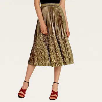 

Fashion Women Metallic Solid Color High Waist Elastic Arrow Pleated Midi Skirt