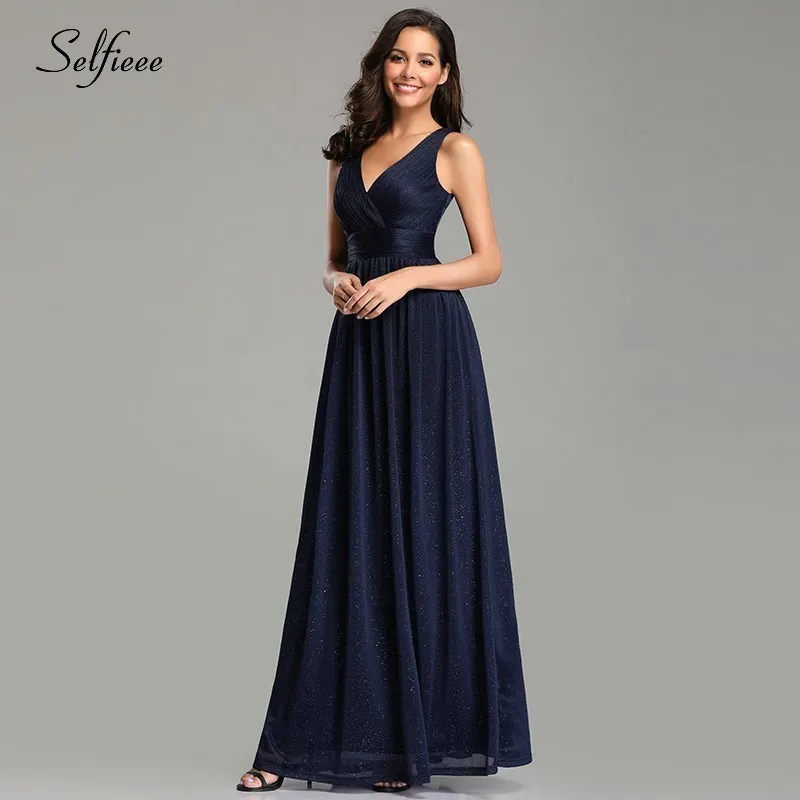 New Gorgeous Navy Blue Dresses Long V-Neck A-Line Sleeveless Tank Floor-Length Sexy Party Gowns Vestito Elegante Donna 2019