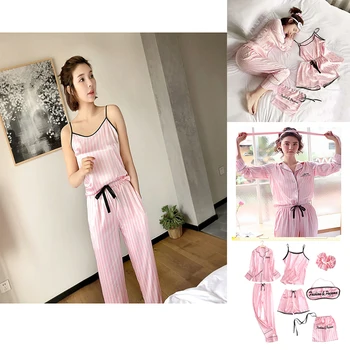 

Ladies pink striped pajamas silk satin pajamas set 7 pieces of underwear pajamas nightgown