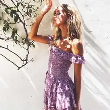 Богемный Вдохновленный тутовидный цветочный принт с открытыми плечами мини платье с рюшами для женщин Новое Многоуровневое бохо платье эластичное повседневное летнее платье