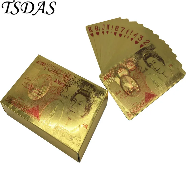 24k Gold Colorful Plated Playing Cards with UK 50 Pound Poker Wooden Box Friends Birthday Gift|card card|cards playingcards gold |