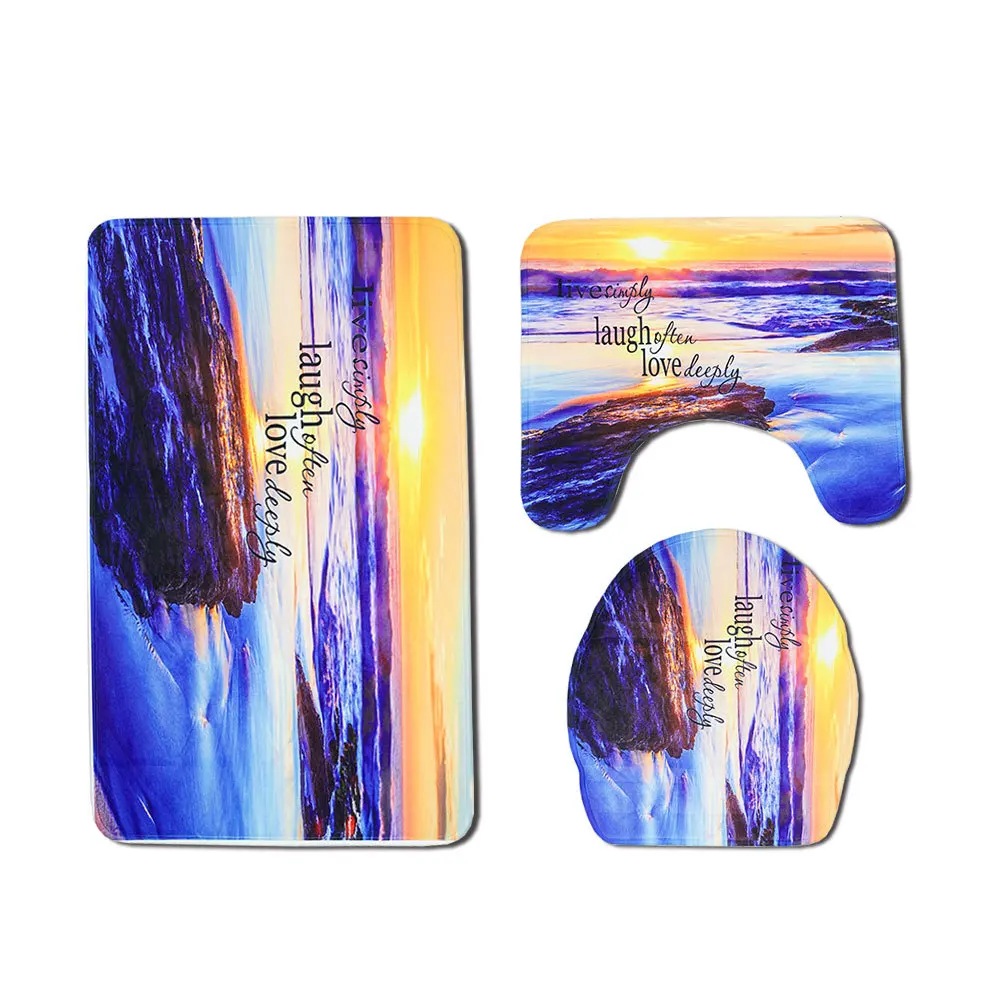 Zeegle Sea Wave Printed Carpet Bathroom Flannel Cover Toilet Bath Mats Set Anti-slip Bathroom Mat Toilet Rugs Shower Room Rug