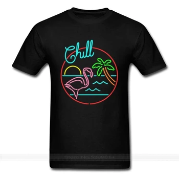 

2020 Chill Neon Flamingo Print T-shirt Men Summer Holiday Beach Cartoon Drawing Tops Black Tee Shirt For Students