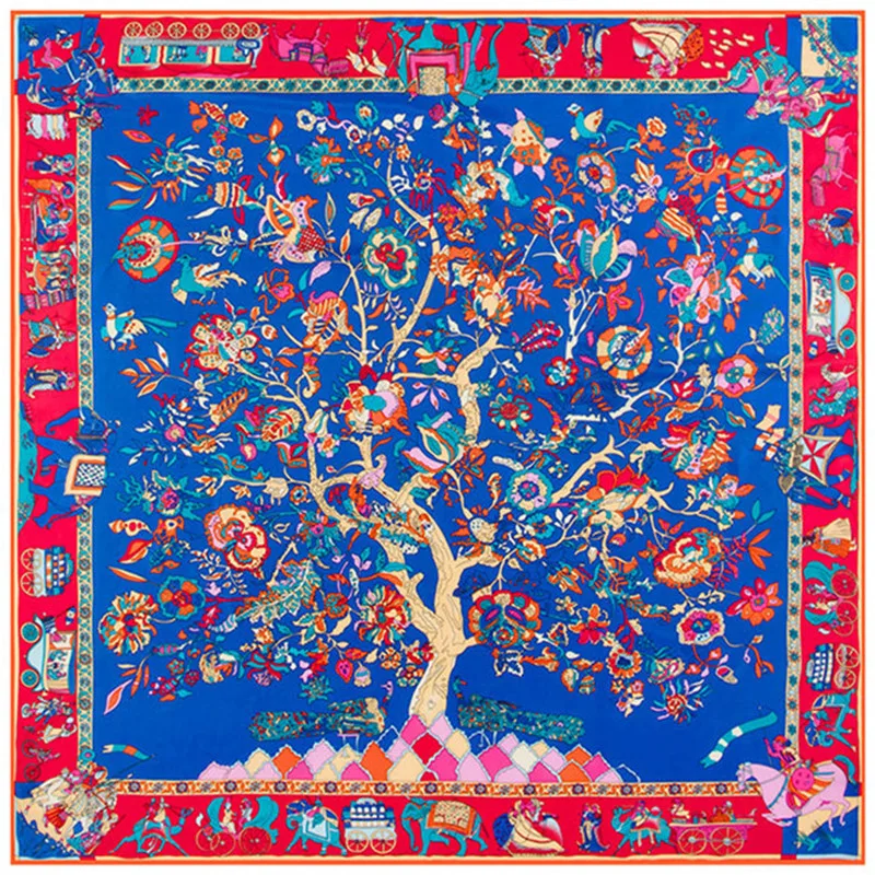 100% Silk Scarf Women Large Shawls Stoles Life Tree Print Square Scarves Echarpe Fashion Foulards Femme Wrap Bandanas 130*130CM 5