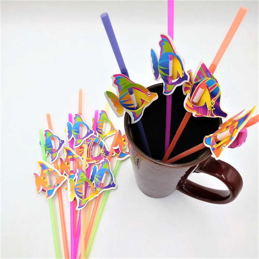 

50pcs Cute 3D Fish Straw Flexible Plastic Drinking Straws Birthday Wedding Baby Shower Pool Party Decor Supplies