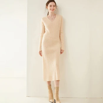 

Autumn and winter new fashion V-neck women's long dress bottoming shirt