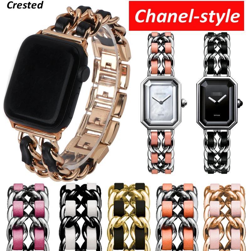 Cuban Link Strap for Apple watch 6 band 40mm 44mm iWatch serie SE 5 4 3 Leather+Metal Bracelet 38mm 42mm | Наручные часы