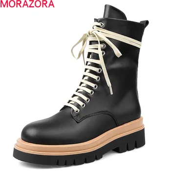 

MORAZORA 2020 New arrival fashion ankle boots genuine leather boots low heel round toe lace up comfortable women boots