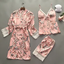 Розовая Женская домашняя одежда пижамы 3 шт ремень топ брюки костюм пижамы комплекты ночных рубашек сексуальная леди кимоно халат ночная рубашка