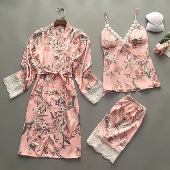

Pink Women Home Wear Pajamas 3PC Strap Top Pants Suit Sleepwear Sets Nightgown Sexy Lady Kimono Robe Bath Gown Nightdress