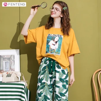 

FENTENG Summer Women Print Pajamas Set Casual Round Neck Short Sleeve Loose Cotton Sleepwear Female Homewear X98123078