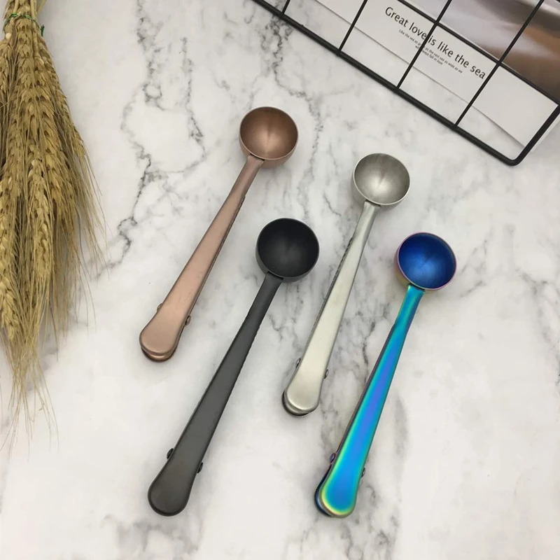 2-в-1 Нержавеющая сталь с зажимом Кофе Совок клип, многофункциональный Премиум эспрессо Чай мерная ложка для кофе с сумкой клип, комплект из 4 предметов