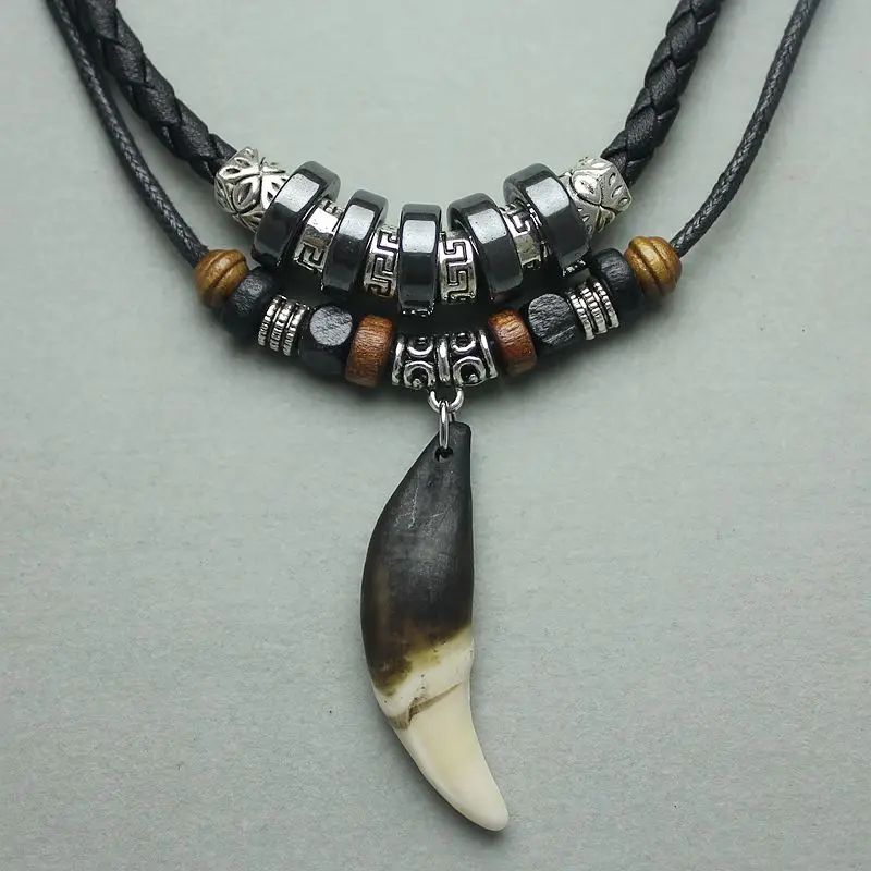 Fang Tooth Necklace Choker Wolf Tooth Pendant Men Charm Genuine Leather Alloy Necklace Animal tooth Fashion Jewelry Party Necklace fang tooth necklace
