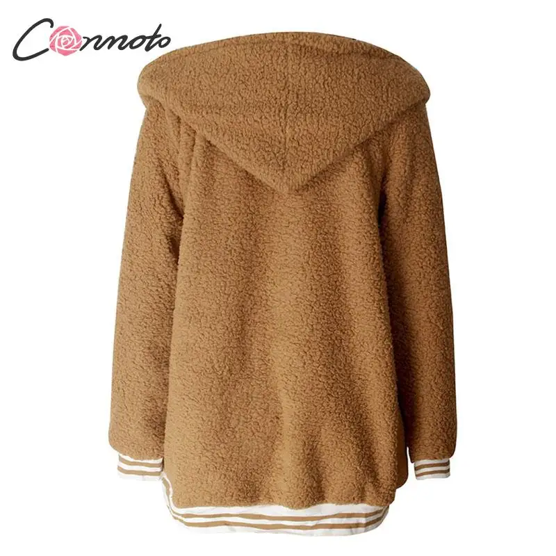 Conmoto осень женские лохматые плюшевый пиджак с капюшоном женские зимние теплые карманы пальто из искусственного меха Длинные куртки с длинными рукавами большие размеры