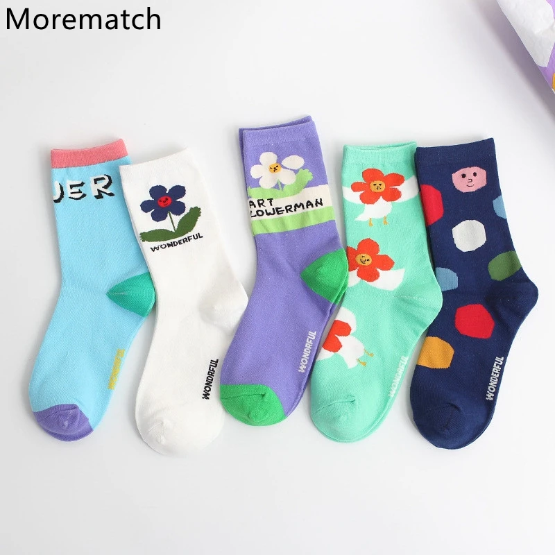 Morematch/корейские модные женские носки в стиле Харадзюку милые носки с цветочным принтом для девочек носки без пятки средней длины размеры 5,5-9,5