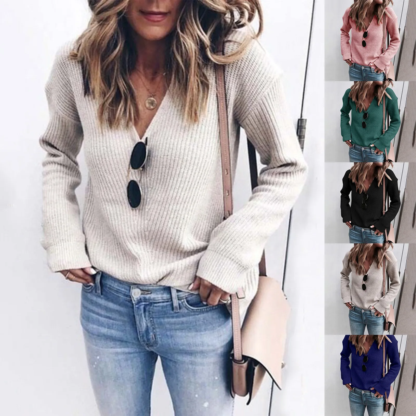 Women's Hoodie Casual Slim Fit Long Sleeve V-neck Knitted Sweater Tops Casual Bottoming Sweaters Female Elastic Cotton Tops 1