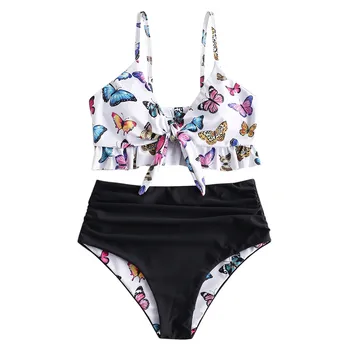 

Butterfly Print Swimwear Women Two Pieces Bikinis Bathing Suit Top Ruffled With High Waisted Biquini Bottom Bikini 2020 Set #C3