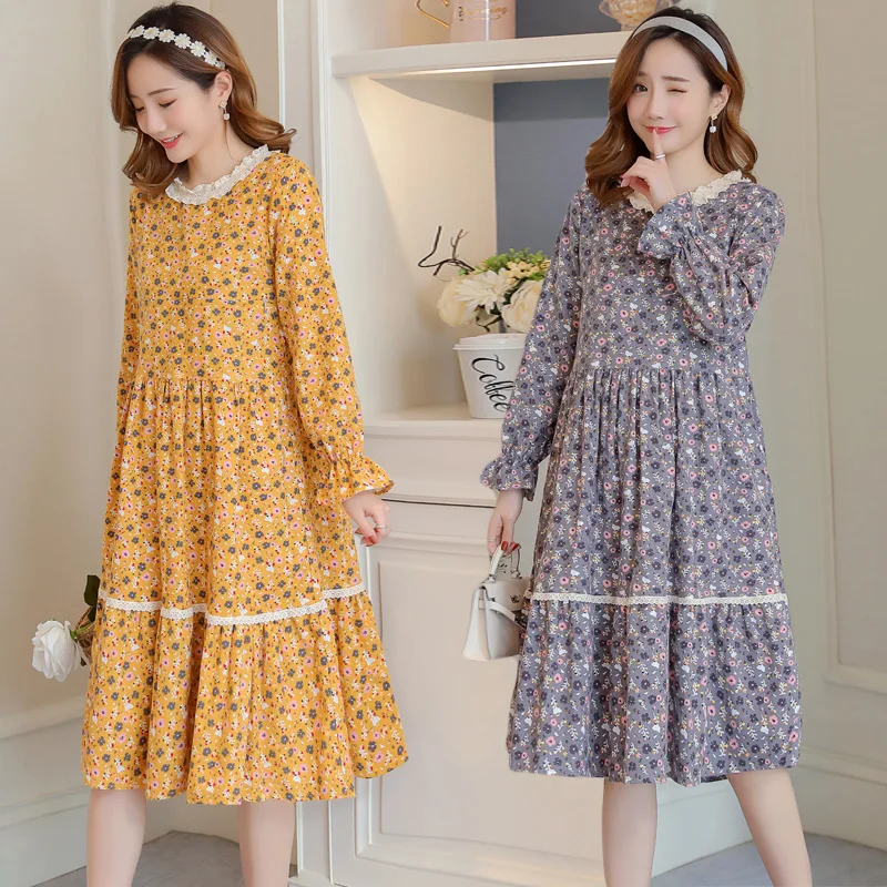 

2019 Autumn New Style Literature And Art Retro Fresh Floral-Print Cotton Cloth Nursing Mid-length Pregnant Women Dress
