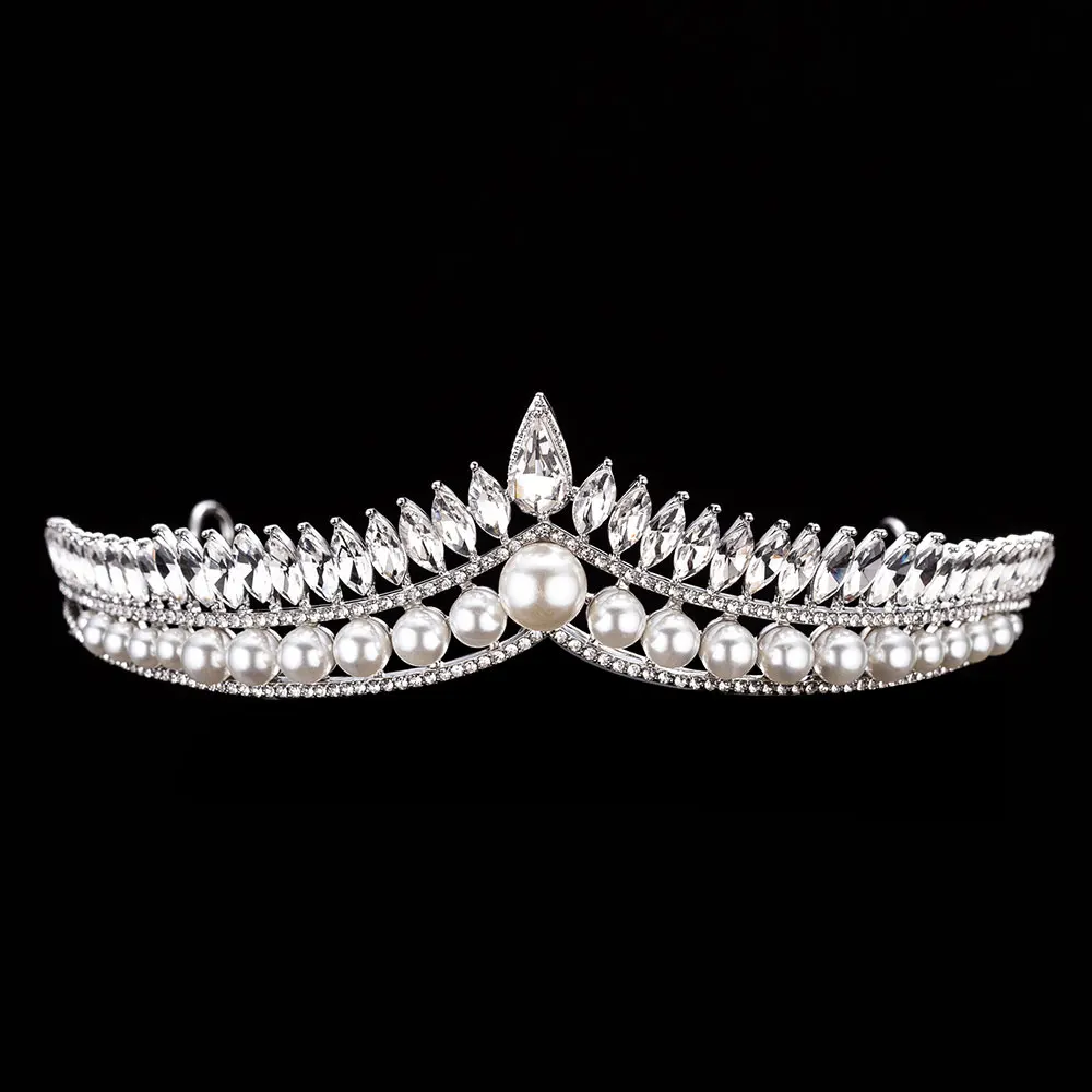 KMVEXO 3 шт. великолепные жемчужные свадебные комплекты ювелирных изделий для невесты женский костюм невесты Кристальные Тиары Корона ожерелье серьги наборы - Окраска металла: 1PCS Crown 1