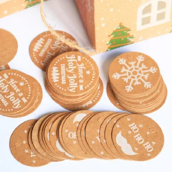 

50PCS Multi Style Christmas Kraft Paper Tags With Hemp Rope Christmas Tree Snowflake Hanging Tag New Year Xmas Gifts Box Labels