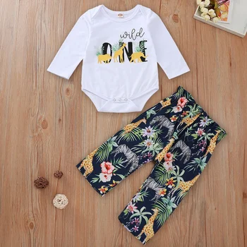 

Smartbabyme Baby's Set Two Piece Rompers Pants Boys Girls Cartoon Letter Print Long Sleeved Bodysuit Floral Trousers