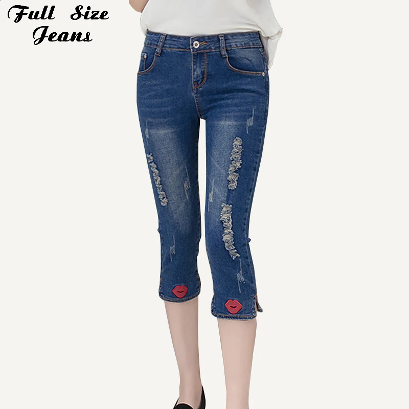 Plus Size Women Red Embroidery Capris Jeans Mom 4xl 5xl Summer Vintage Ripped Slim Hip Ankle Length School Wear Denim Pantalones Plus Size Women Red Embroidery Capris Jeans Mom 4xl 5xl Summer Vintage Ripped Slim Hip Ankle Length School Wear Denim Pantalones