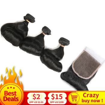 

3 Bundles Bouncy Curly with Closure Brazilian Hair Weave with Closure Natural Color Fummi Hair Remy Human Hair with Lace Closure