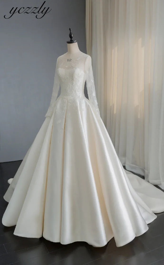 Vestido Novia Alta Calidad роскошное с длинными рукавами ТРАПЕЦИЕВИДНОЕ свадебное платье плюс размер Кристальный жемчуг свадебное платье Gelinik W44