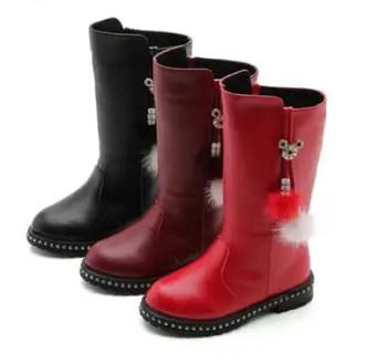 

Pu Leather Girls Boots Fashion Female Children Snow Boots Waterproof warm long-cylinder Children Boots black red