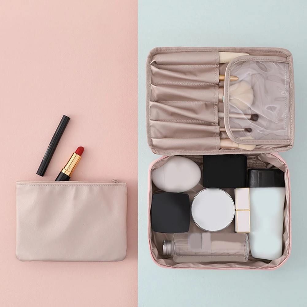 Hot Casual Portable Women Solid Color Toiletries Cosmetic Bag Large Capactiy Storage Pouch Polyester Multi Large Cosmetic Bag