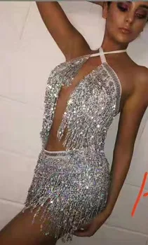 

Summer Women Fashion Sexy Halter Criss Cross Sequins Tassel Sliver 2 Piece Bodycon Bandage Dress 2019 Mesh Elegant Designe Dress