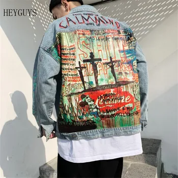 

NAGRI Devil Hand painted printing Men Denim Jacket Cartoon Graffiti Print Loose Coats Vintage Hip Hop Leisure Outerwear