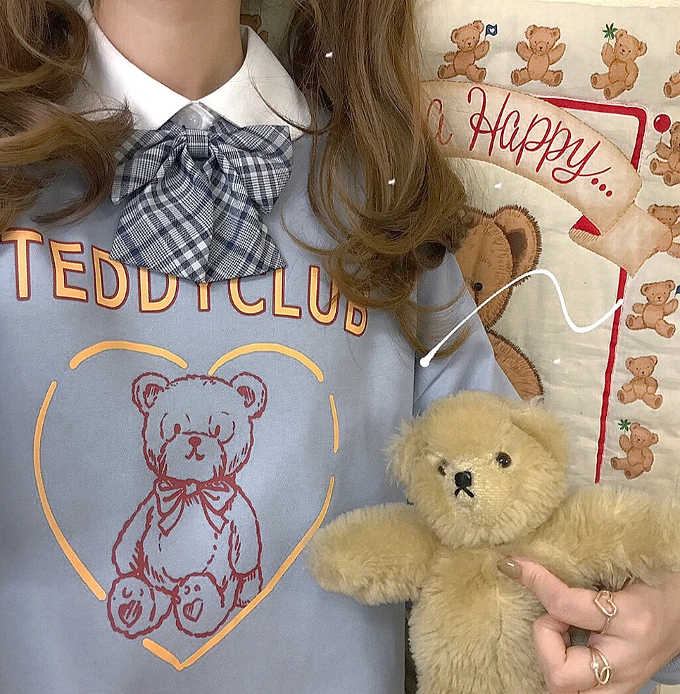 Винтажный стиль, милый медведь, Женская осенне-зимняя просторная Толстовка свитер с длинными рукавами, милый розовый, желтый, синий