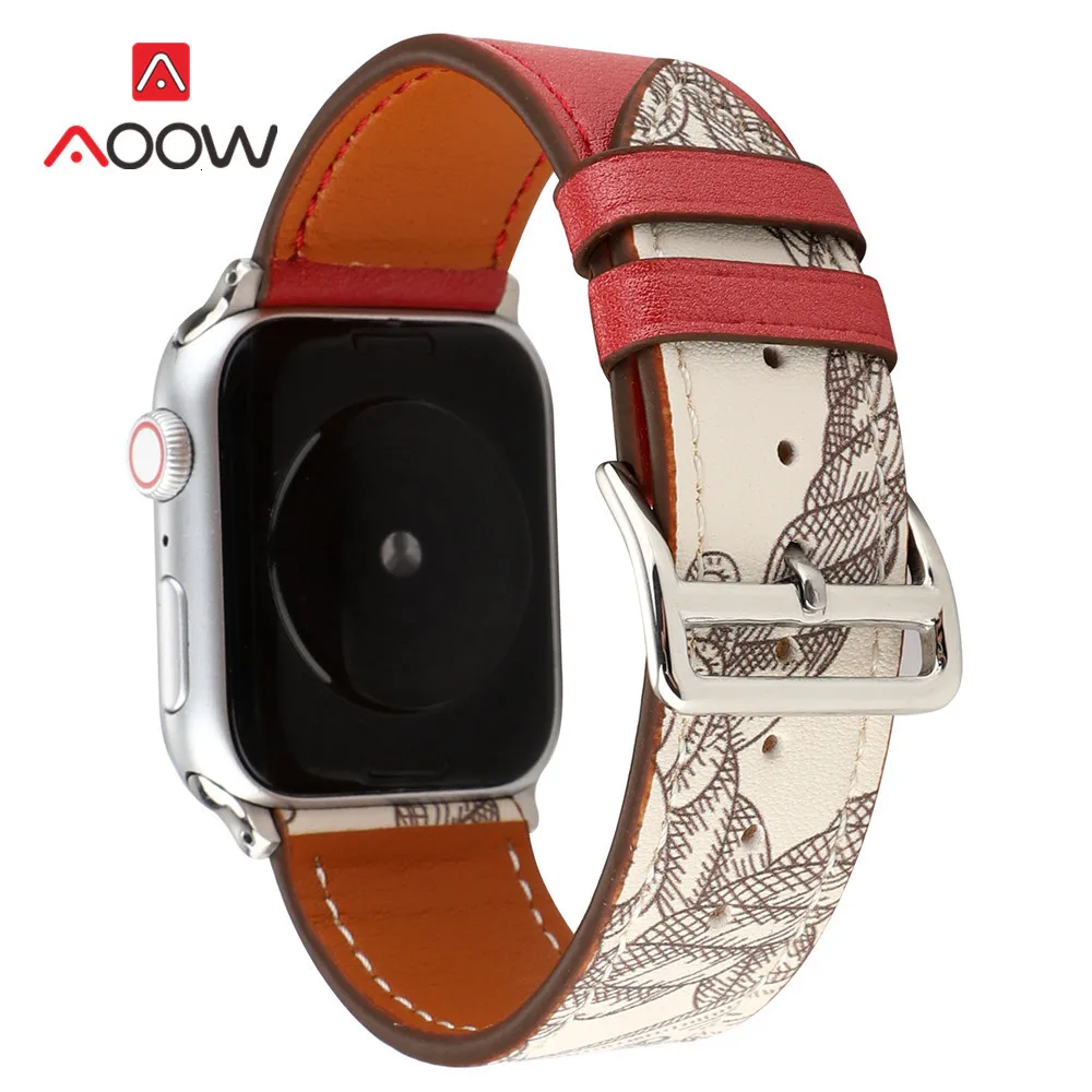 Ремешок для часов из натуральной кожи для Apple Watch 4, 38 мм, 42 мм, 40 мм, 44 мм, элегантный браслет с принтом для мужчин и женщин, ремешок для iWatch 1, 2, 3