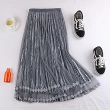Серый, бежевый, черный гибкий стрейч высокой талией Миди плиссированный Тюль Бархат Бисером кружевная юбка для женщин зимние женские юбки saias