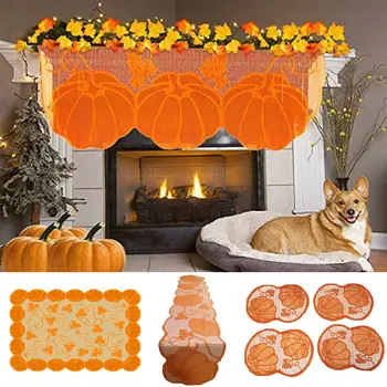 

New Thanksgiving Lace Fireplace Cloth Pumpkin Maple Leaf Mantle Scarf Decor Set