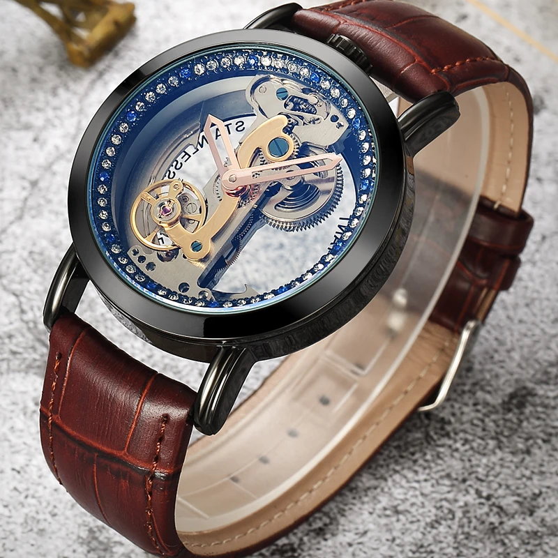 

Shenhua mens watches leather transparent skeleton automatic wristwatch for men circular mechanical watch men Relogio Masculino