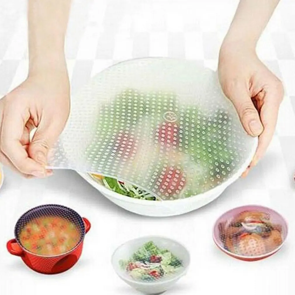 

4Pcs/set Sealed Silicone Cling Film Fresh Food Cover Wrap Kitchen Stretch Fresh Keeping Container Lid Wrap Tool Kitchen Tool