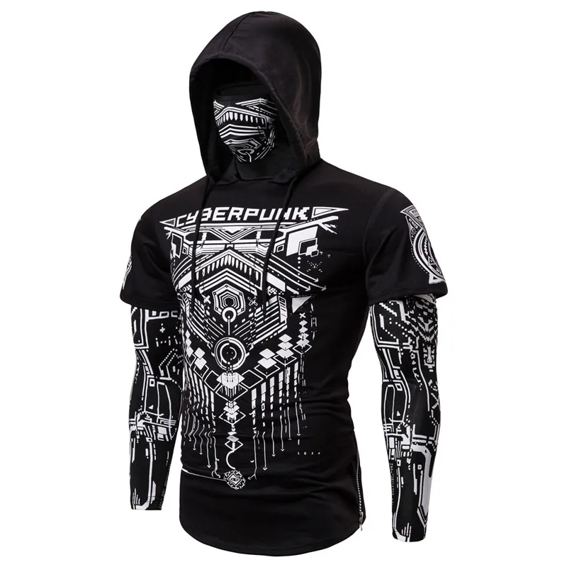  Mens Skull Mask Hoodies Sweatshirt Fake Two Pieces Men Punk Jogging Homme Pullover Elastic Streetwe